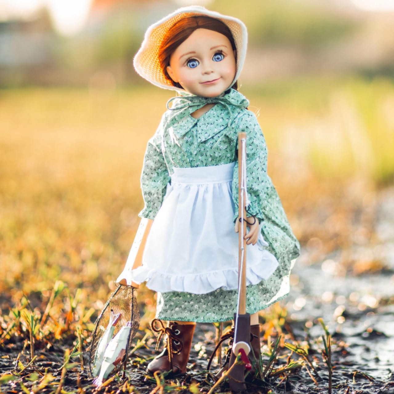 18 Doll Accessories, Little House Prairie Dress & Fishing Set 