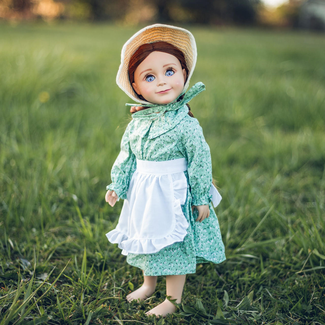 Green Calico Prairie Dress, Apron, and Bonnet, 18-Inch Doll