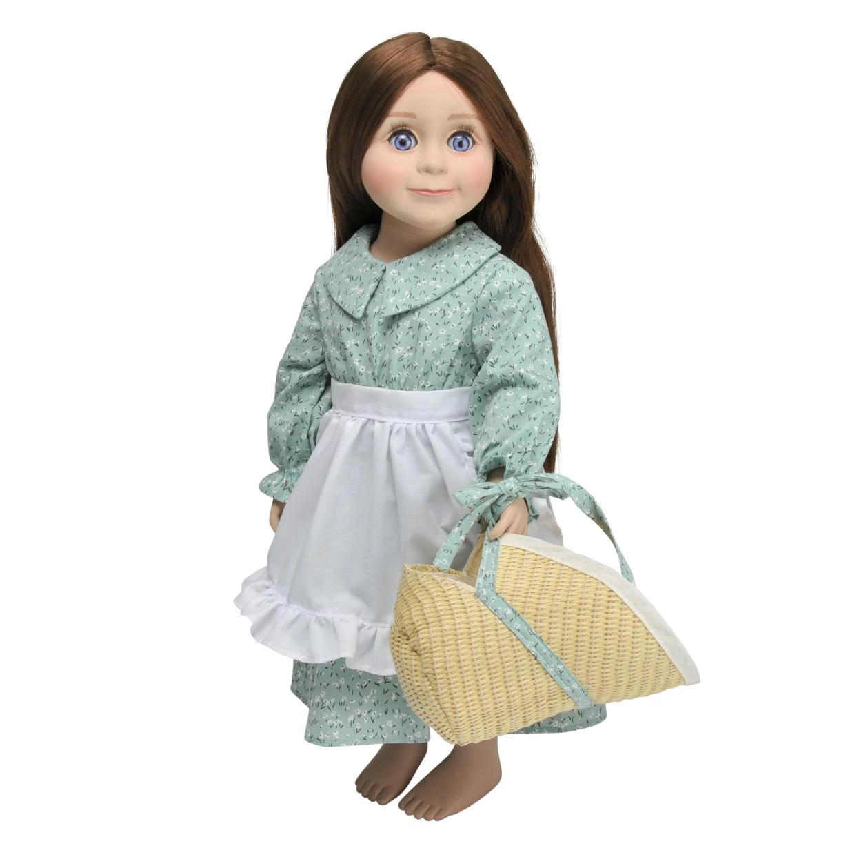 Against white background an 18" doll wears the 18" doll clothes compatible with American Girl dolls produced after 2008.