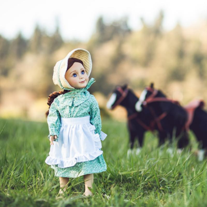 Green Calico Prairie Dress, Apron, and Bonnet, 18-Inch Doll