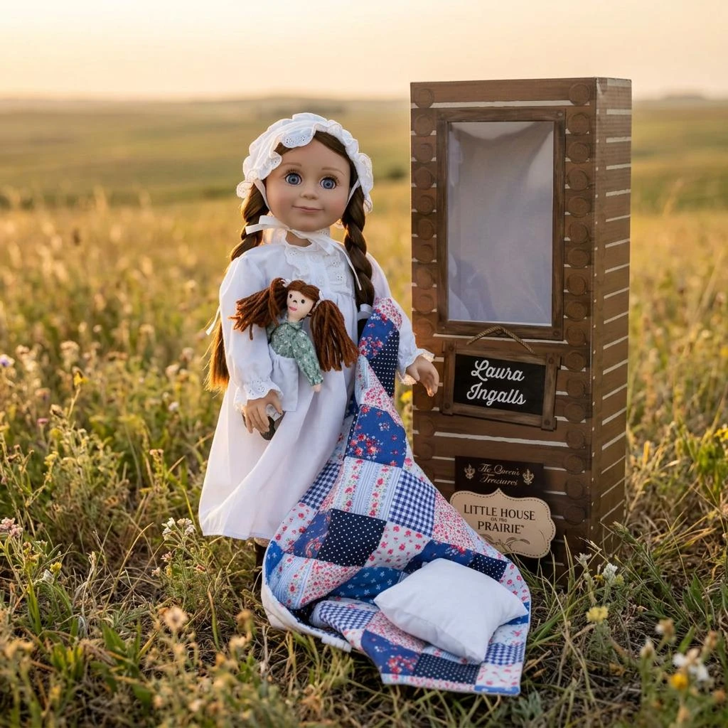 An 18-inch Laura Ingalls doll from Little House on the Prairie® stands in a grassy field next to its wooden-style packaging box, holding a small rag doll and posing with a patchwork quilt and pillow.