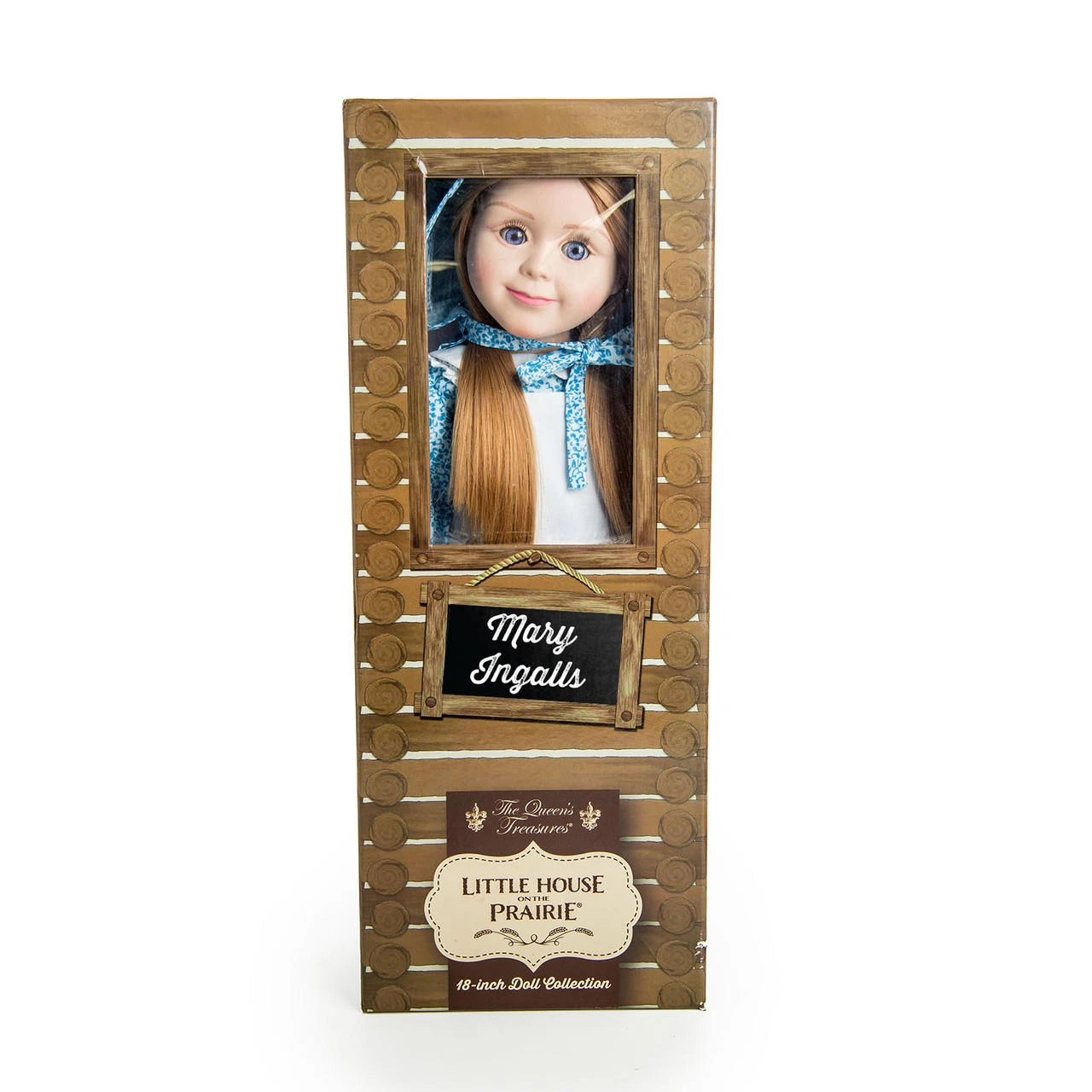 The 18-inch Mary Ingalls doll displayed inside its brown, log-cabin style packaging box with labels reading "Mary Ingalls" and "Little House on the Prairie".