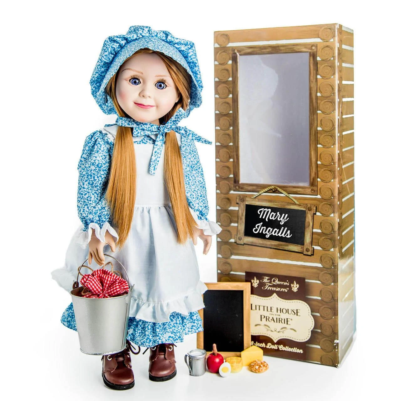 An 18-inch pioneer doll with a blue calico dress, bonnet, and metal bucket that fits 18" American Girl® Dolls, shown next to its log-cabin style box.