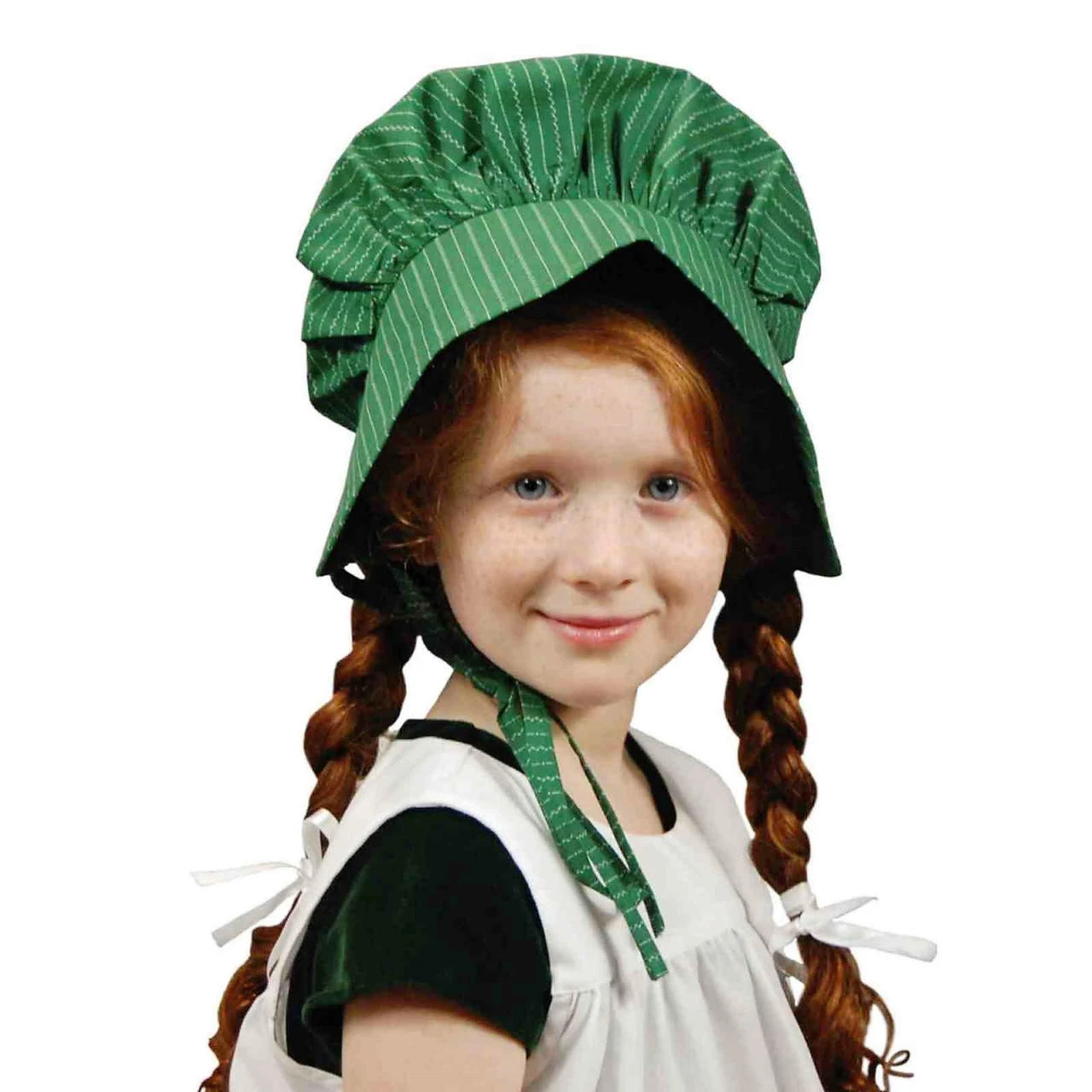 Against white background a girl models the child size apron and bonnet set.