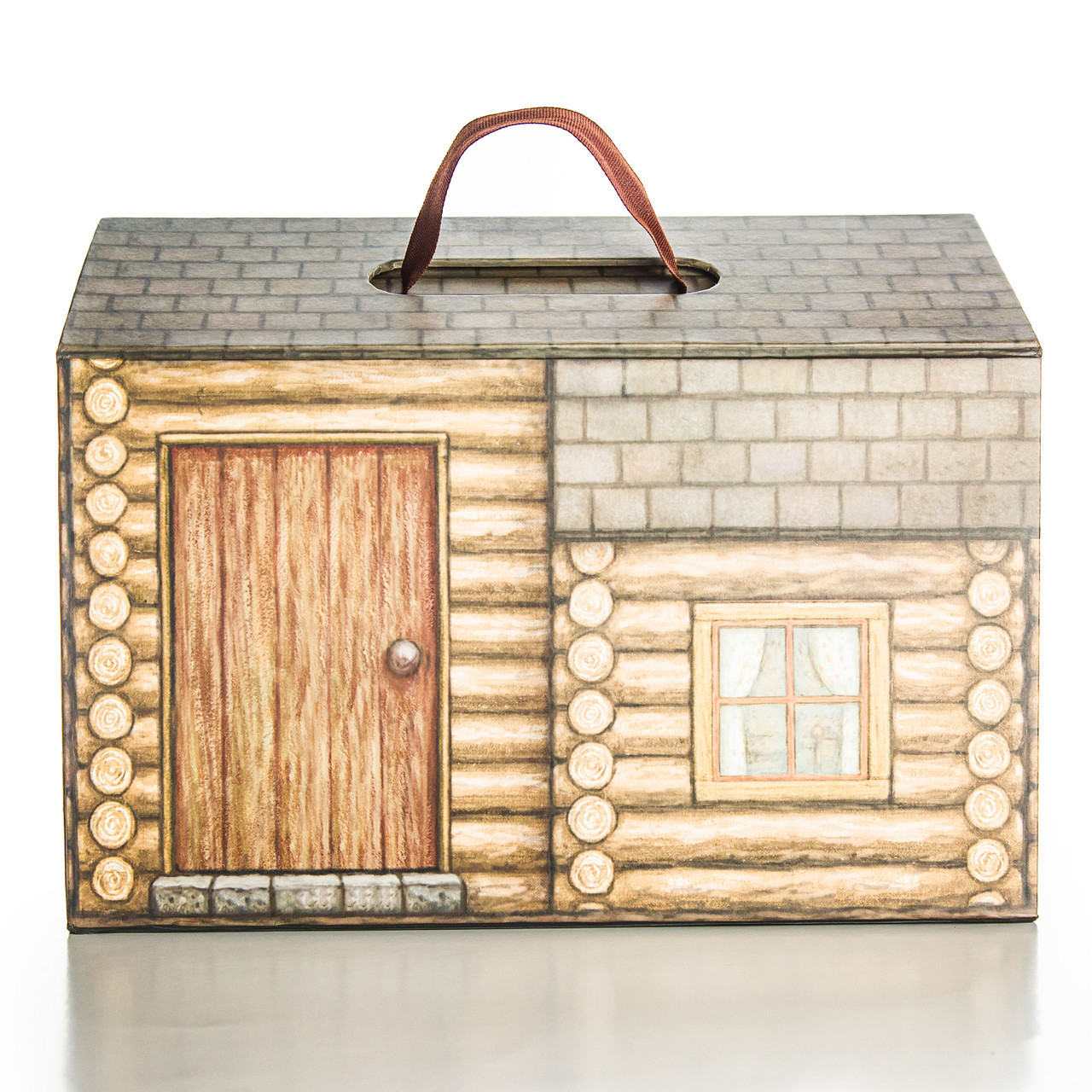 Fiberboard log cabin box holds all pieces in the set and folds up for easy storage.
