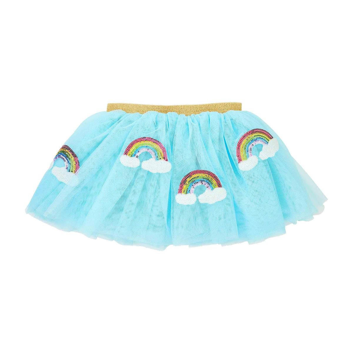 Blue mesh tutu has sparkly rainbow appliques and gold waistband.