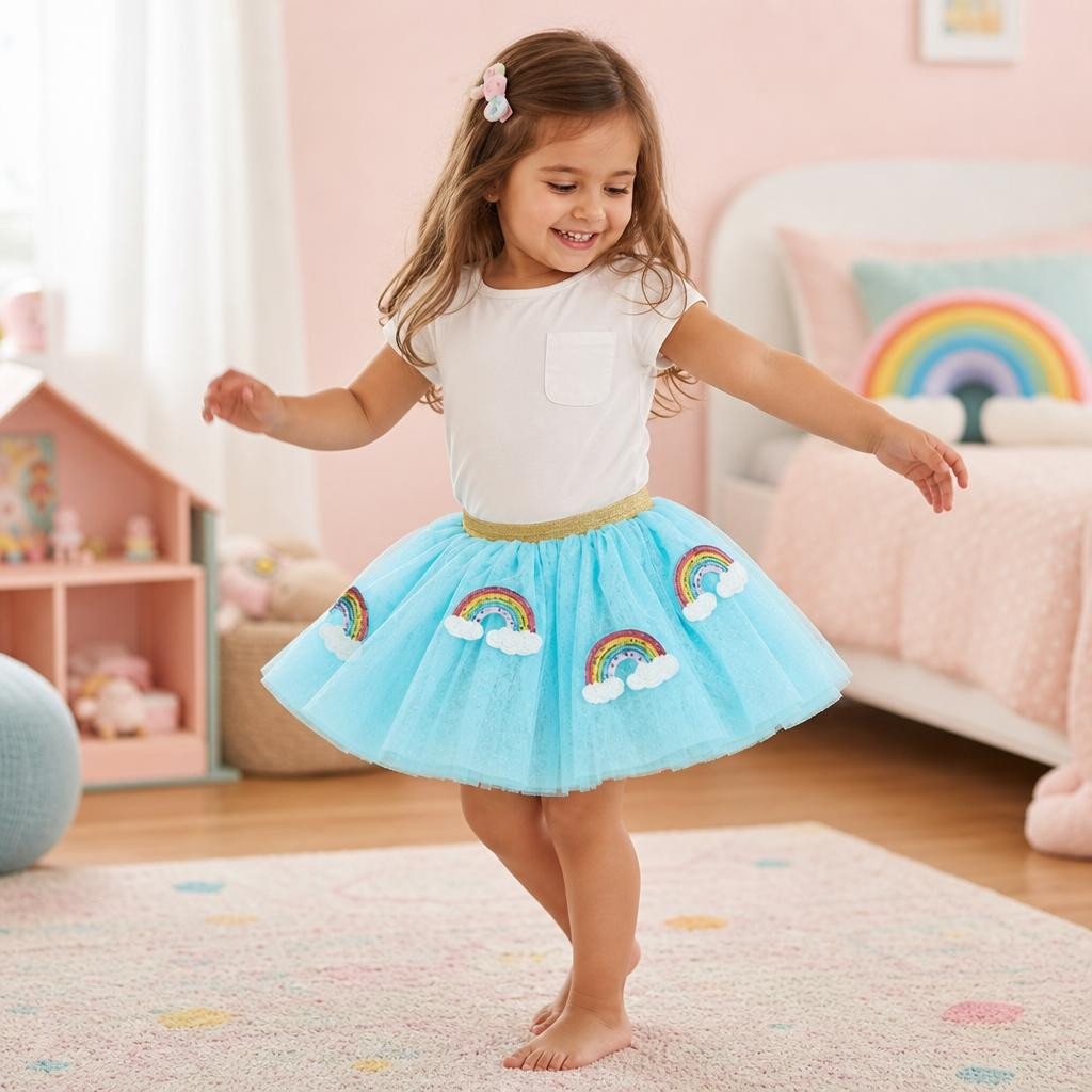 Blue mesh tutu has sparkly rainbow appliques and gold waistband on a little girl dancing in her bedroom