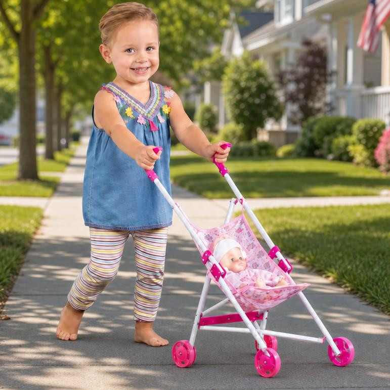 Mud Pie Baby Doll Stroller happily pushed by toddler.