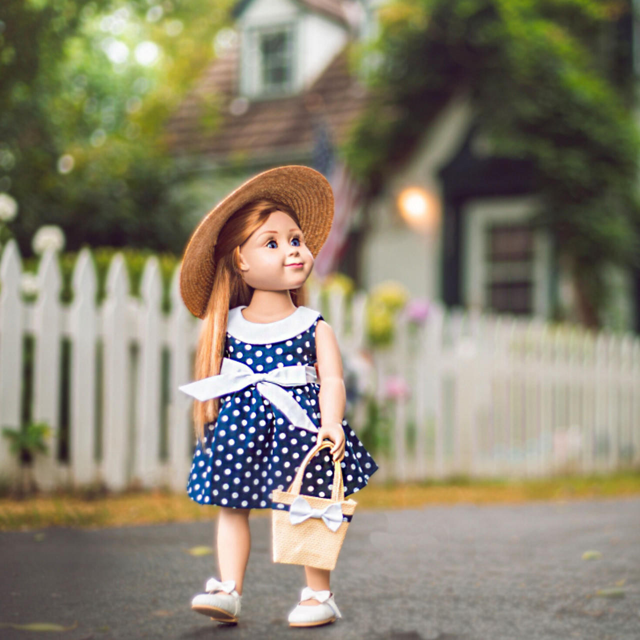 Doll Blue Polka Dot Dress with White Bow Shoes Set for 18