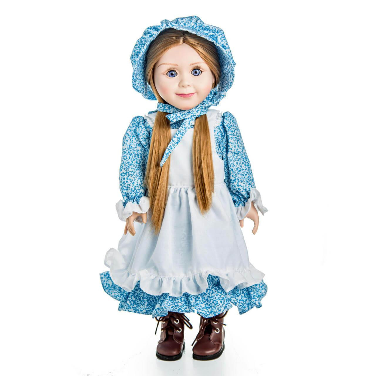 Blue Calico Dress with apron, pantaloons and bonnet are american girl doll clothing for dolls produced after 2008.