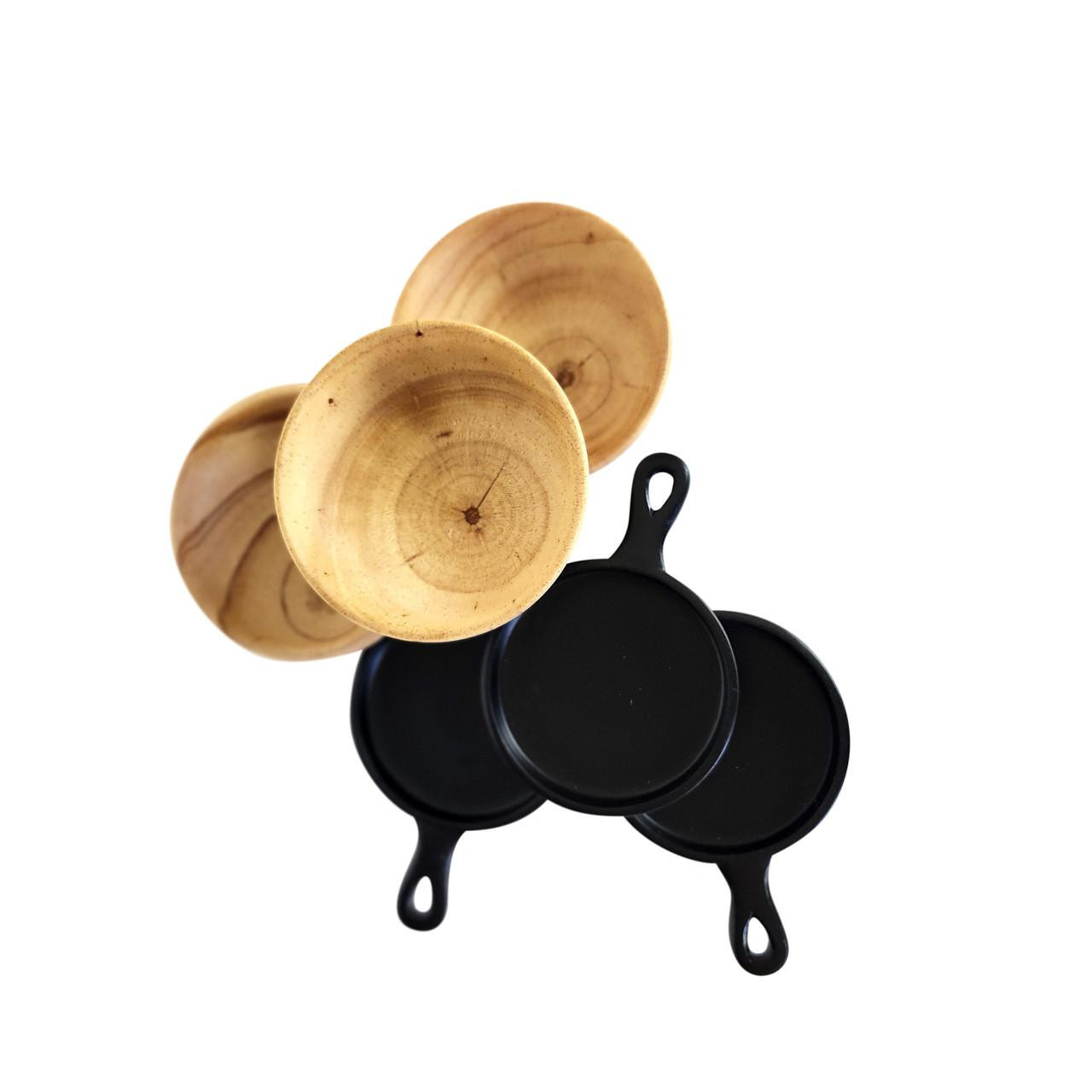 4 wooden bowls and 4 fry pans 18" doll accessories also for american girl doll kitchen.