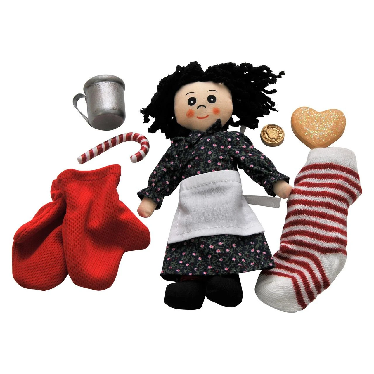 The 18 inch doll accessories include a pair of mittens, a stocking, heart cake, mug, peppermint stick, replica penny, and Laura's doll, Charlotte.
