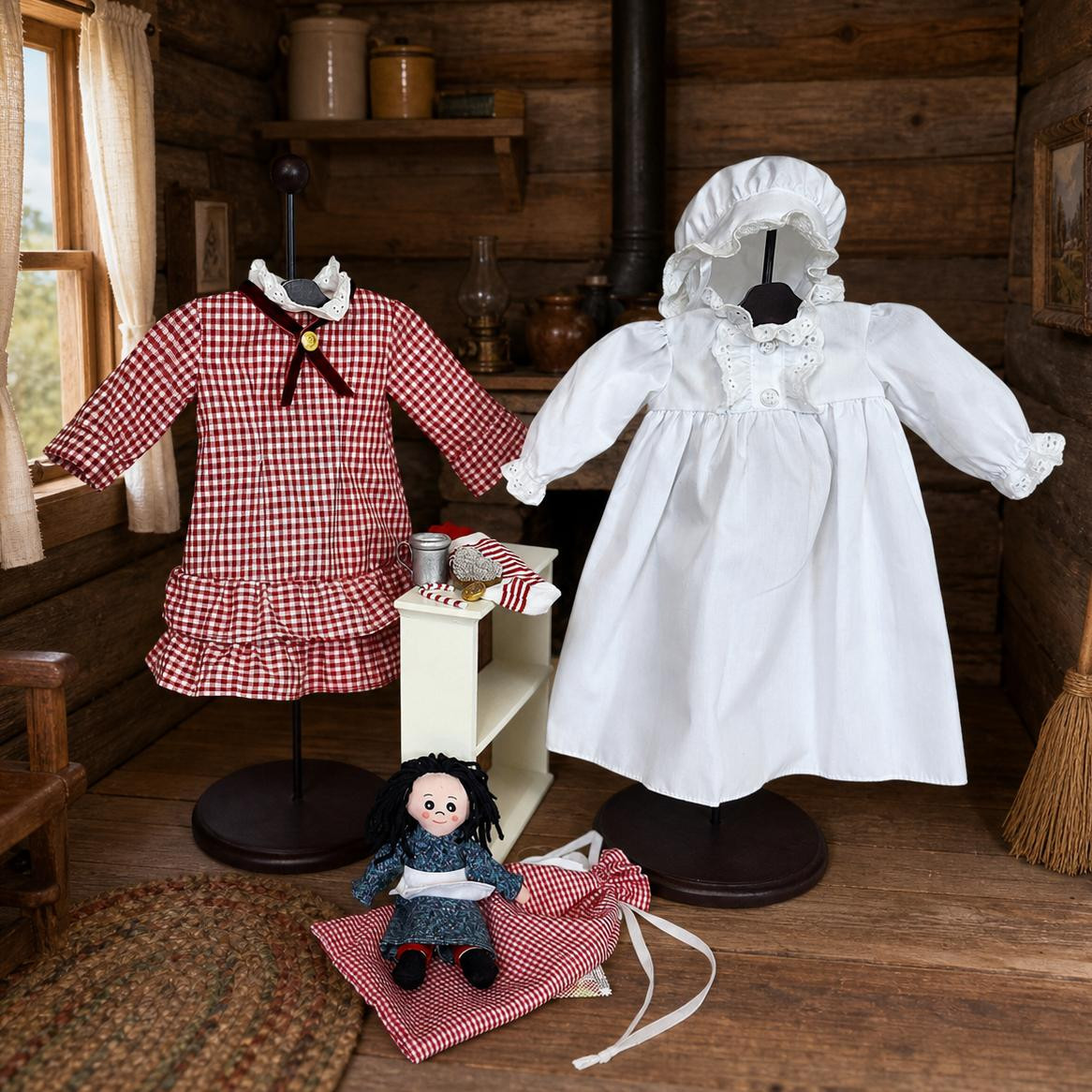 Licensed Little House on the Prairie® 18-inch doll clothes collection featuring a red and white gingham dress, a white nightgown with a matching bonnet, and miniature pioneer accessories displayed inside a rustic log cabin setting.