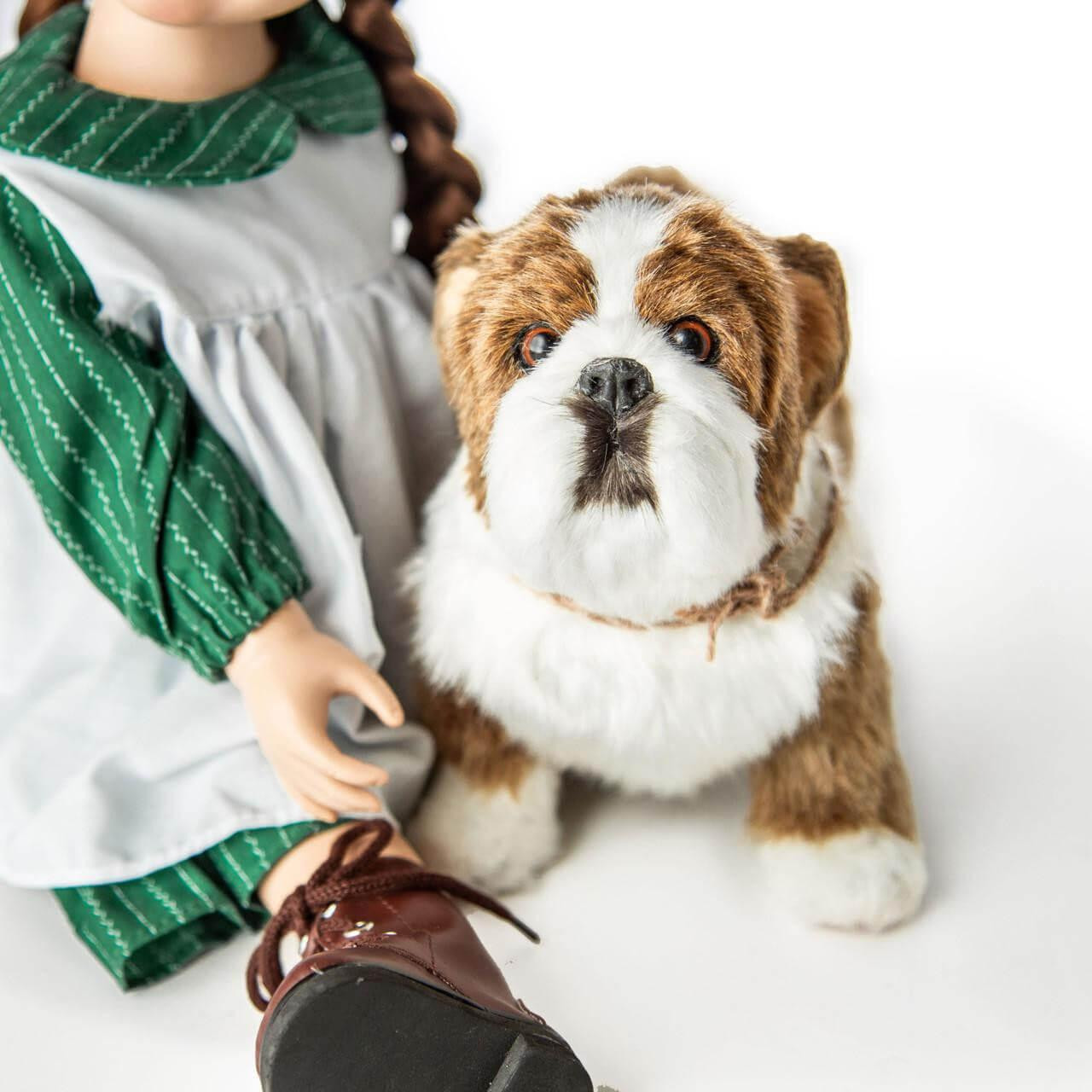 Jack the Bulldog 18" doll pet dog sits next to 18 inch doll.