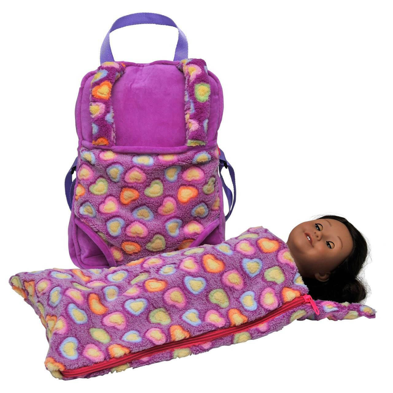 Purple Doll Carrier Backpack with Sleeping Bag for 18