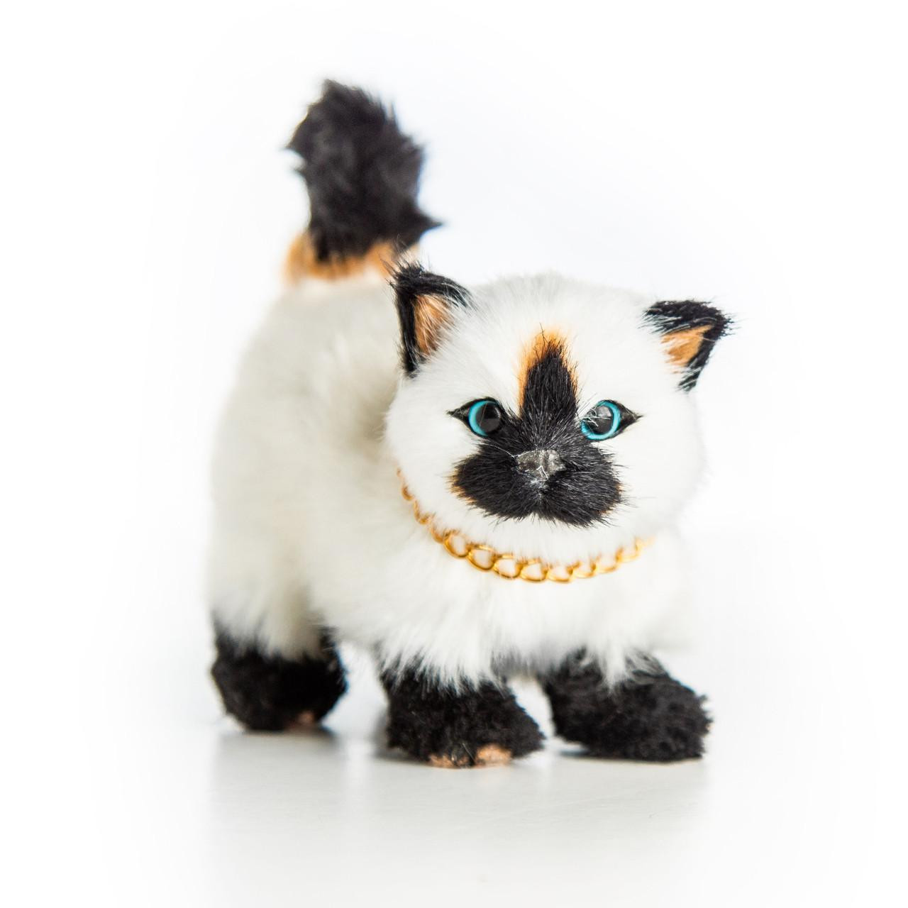 A realistic, fluffy Siamese-style toy cat stands facing forward on a plain white background. The toy cat features a cream-colored body with dark brown ears, paws, and face mask, along with light blue eyes and a small patch of tan fur at the base of its upright black tail. It wears a polished gold link chain collar around its neck.