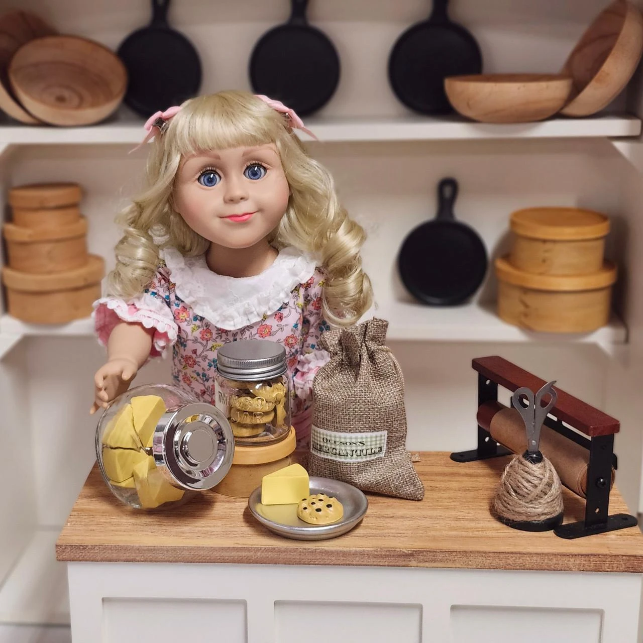 18 inch Nellie doll standing at store counter with food accessories in jar with shelving with store stock showing behind her.