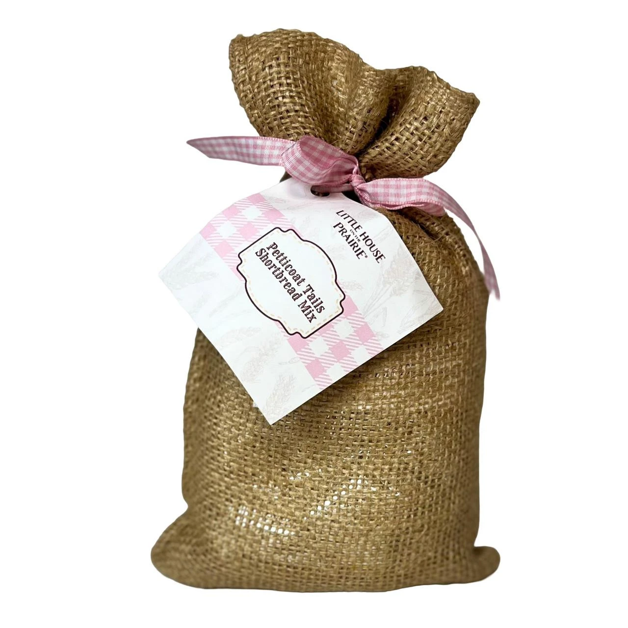 Little House on the Prairie Petticoat Tail Mix packaged in burlap bag with gingham ribbon and label.