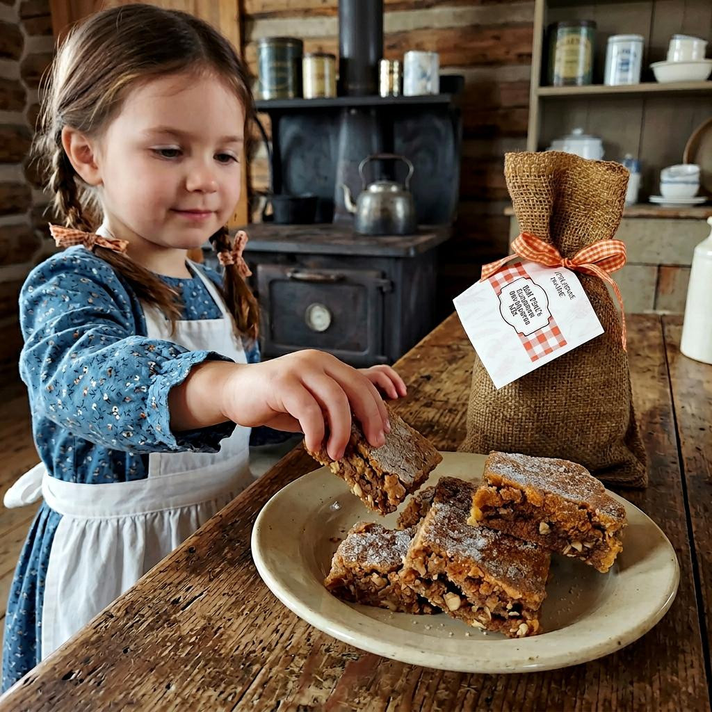 Little Girl dressed in Prairie clothes in a little house on the prairie kitchen, reaching for a cinnamon oat bar in a prairie kitchen.