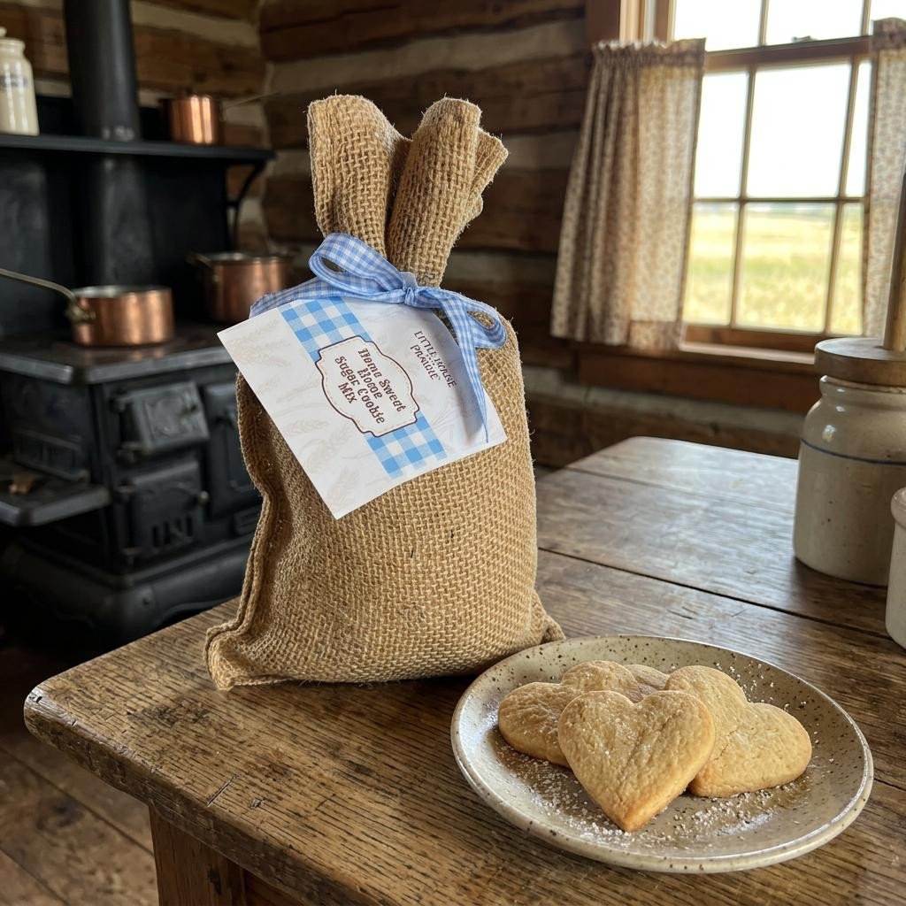 Little House on the Prairie Sugar Cookie Mix packaged in burlap bag with gingham ribbon and label ssitting on a bread board with a plate of baked sugar cookies in a rustic kitchen.