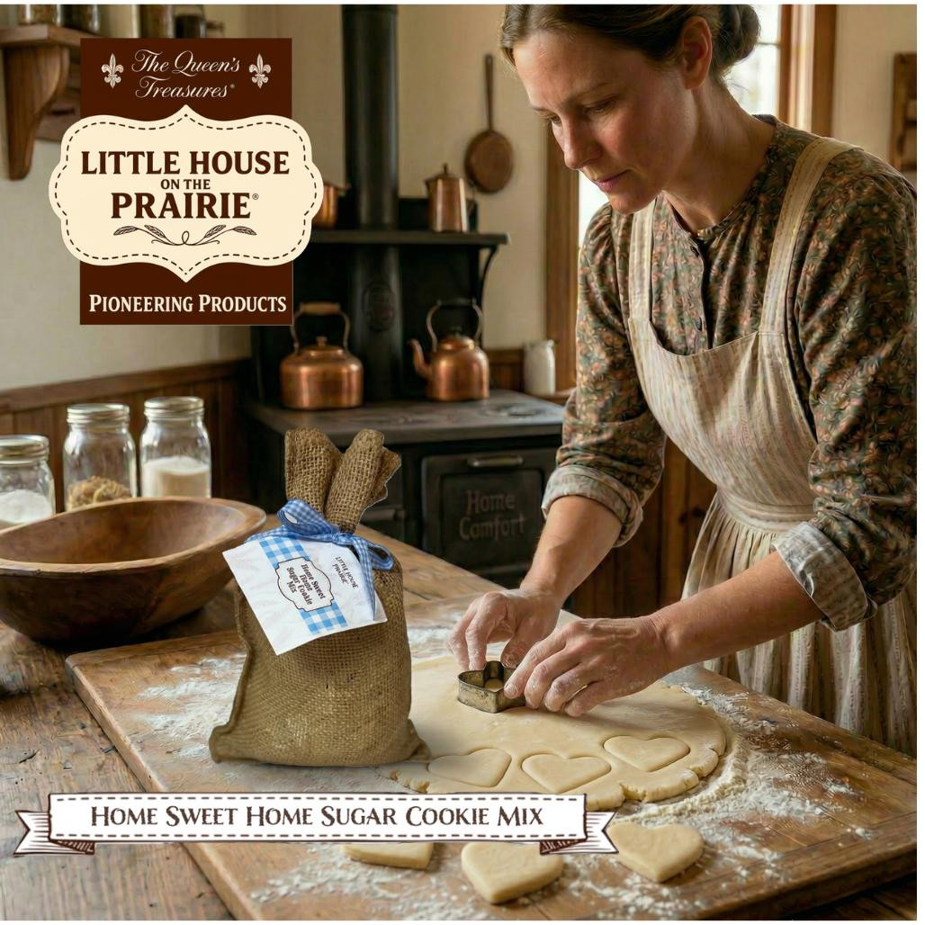 A women rolling out our Little House on the Prairie sugar cookie mix in a rustic prairie kitchen.