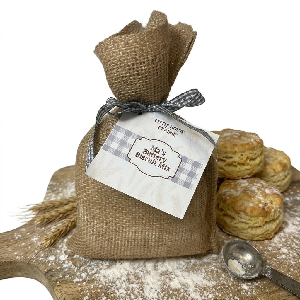 A rustic burlap sack of Ma's Buttery Biscuit Mix tied with a gingham ribbon sits on a floured wooden cutting board next to fresh biscuits, wheat stalks, and a metal measuring spoon against a white background.