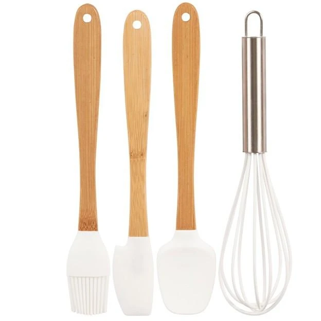 Image of 2 white silicone spatulas and a basting brush with wooden handles, and a silicone covered wire whisk sized for Children 6+ years