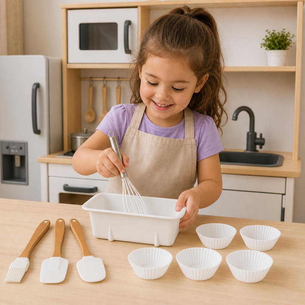 Child playing with silicone baking tools in a play kitchen