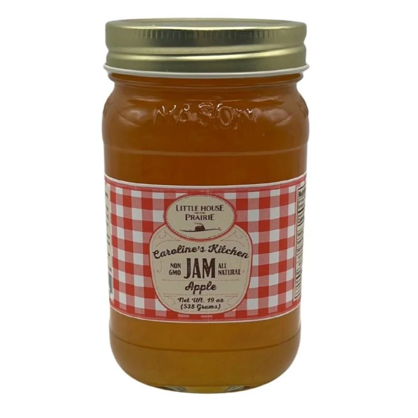 Jar of Little House on the Prairie Apple Jam on white background