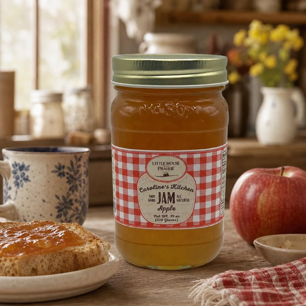 Little House on the Prairie Apple Jam with Bread in a country kitchen setting