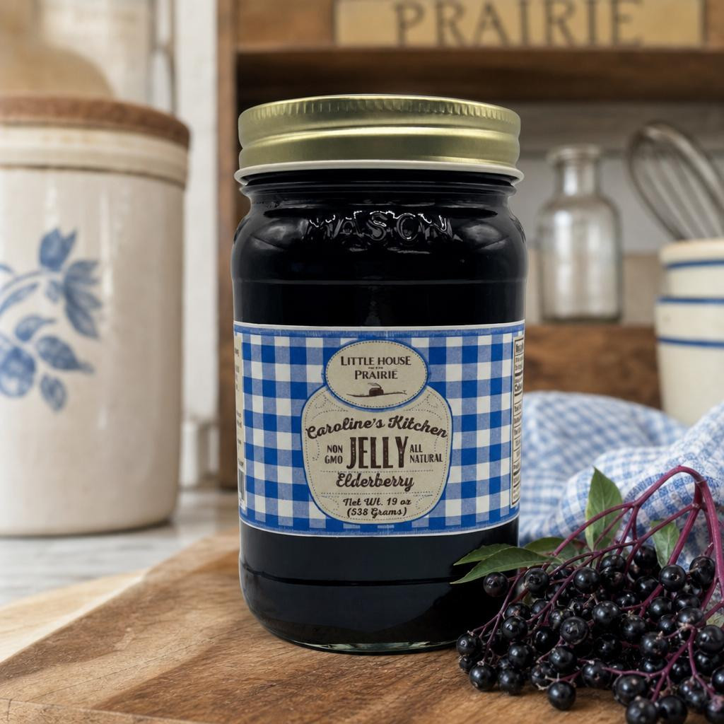 A jar of Caroline's Kitchen Elderberry Jelly with a blue and white gingham label sits on a wooden board next to a small cluster of fresh, dark chokecherries in a rustic kitchen setting.