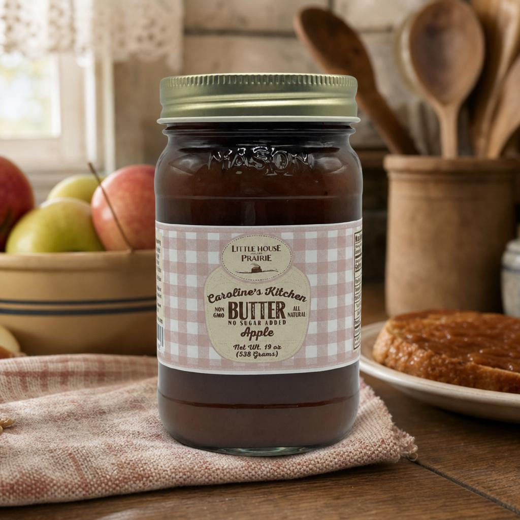 A jar of Caroline's Kitchen Apple Butter with a pink gingham label sits on a rustic cloth next to a bowl of fresh apples and a plate with a baked good in a cozy kitchen setting.