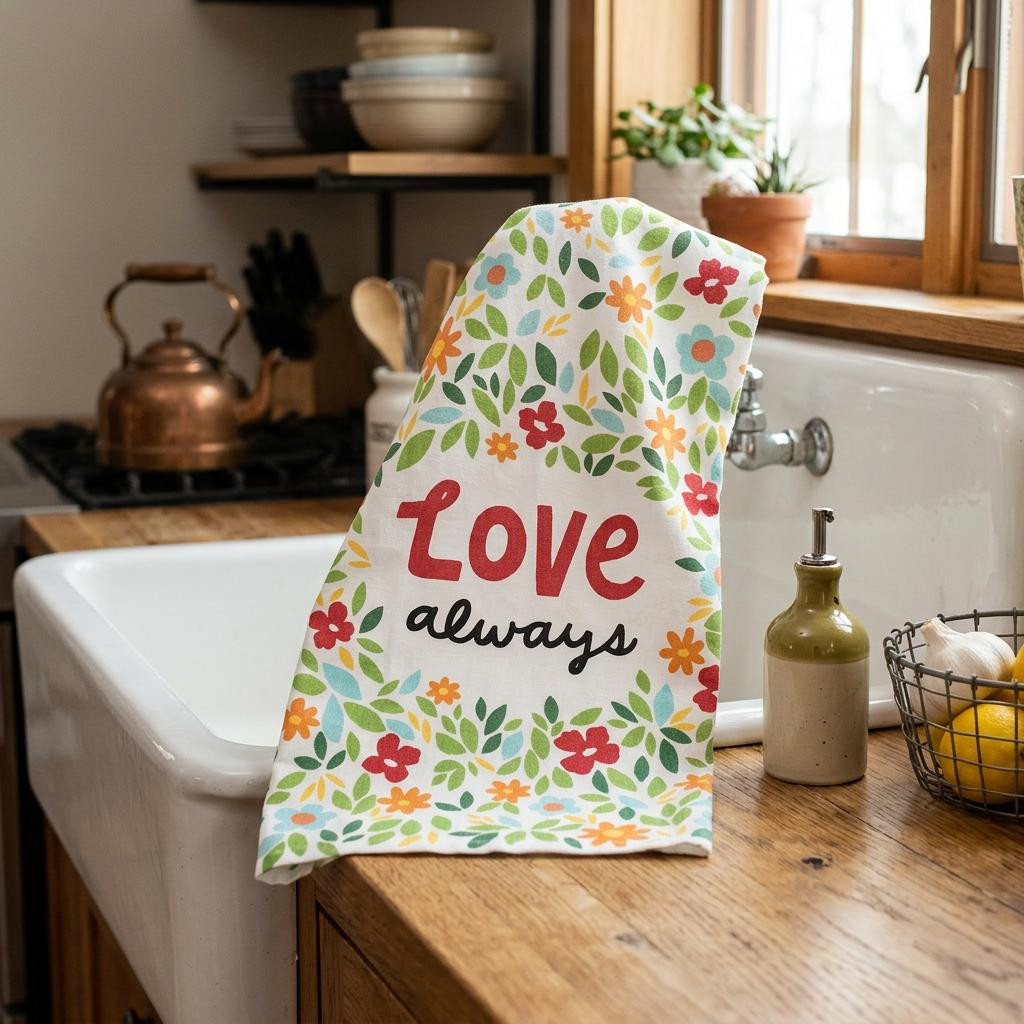 Love Always kitchen towel on a counter in a vintage chicken