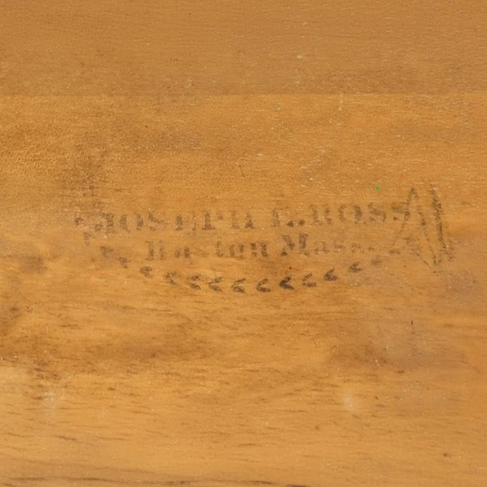 The image shows an authentic, mid-19th-century maker's mark stamped into the wood. It reads "JOSEPH L. ROSS / Boston Mass." inside an ornate, dotted border