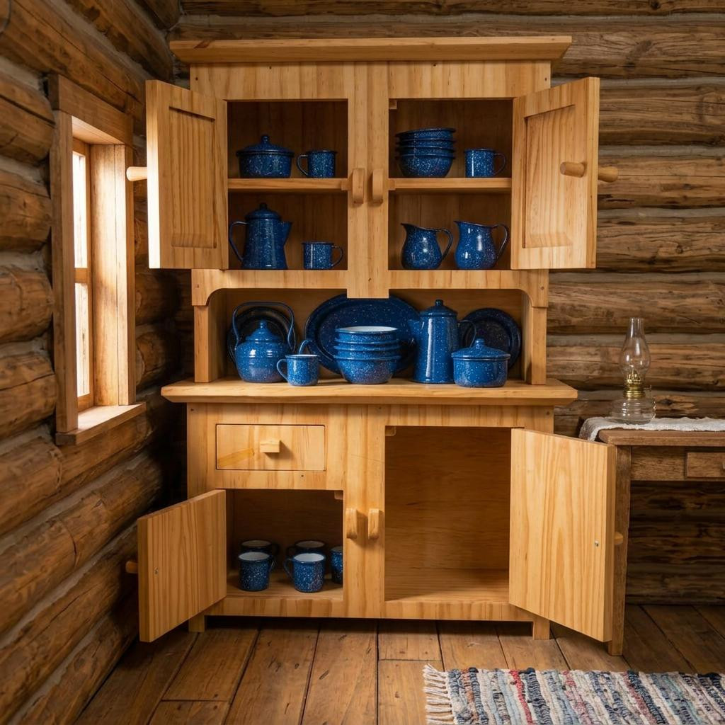 A rustic wooden 18 inch doll hutch filled with bright blue ceramic tableware inside a log cabin.