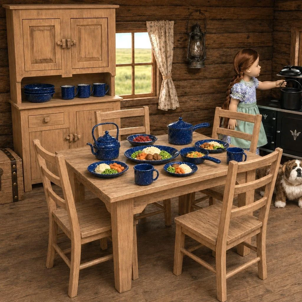 A miniature log cabin dining room scene featuring an 18-inch doll, a wooden table and hutch, and blue speckled enamelware dishe
