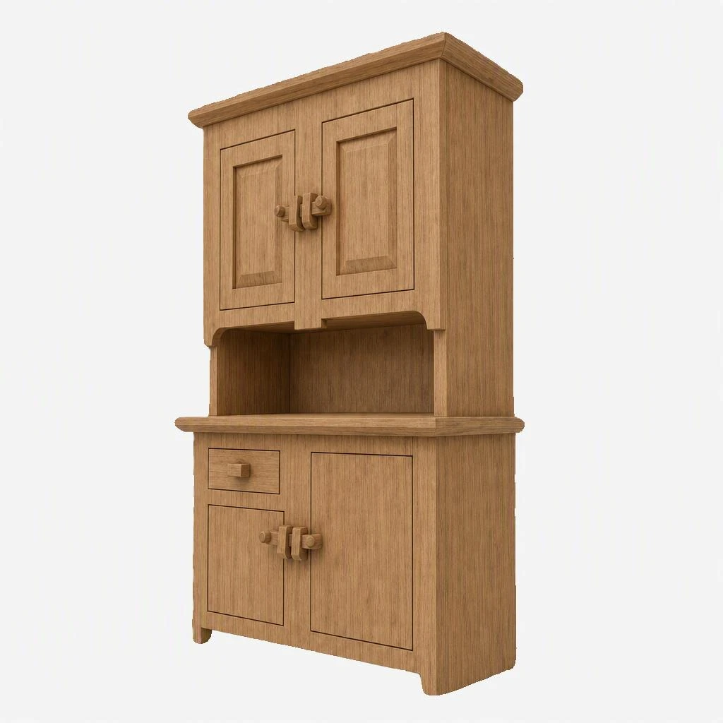 A miniature wooden 18-inch doll hutch cupboard featuring a rustic grain finish, top cabinets, an open display shelf, and lower storage compartments against a