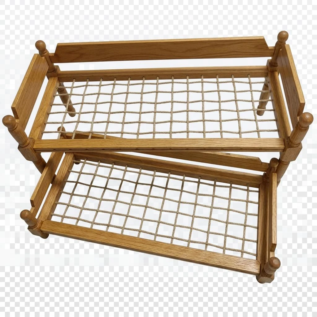 A miniature wooden 18-inch doll trundle bed frame showing the woven rope support grid without bedding or mattresses.