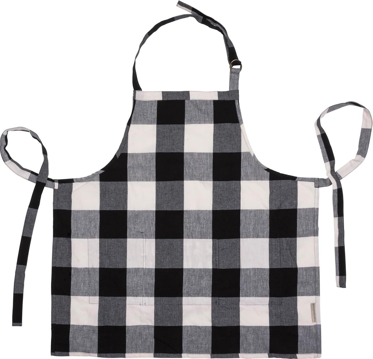 This is the back side of a black and with buffalo check apron. Apron has a bib and ties around the waist, with an adjustable strap for the neck