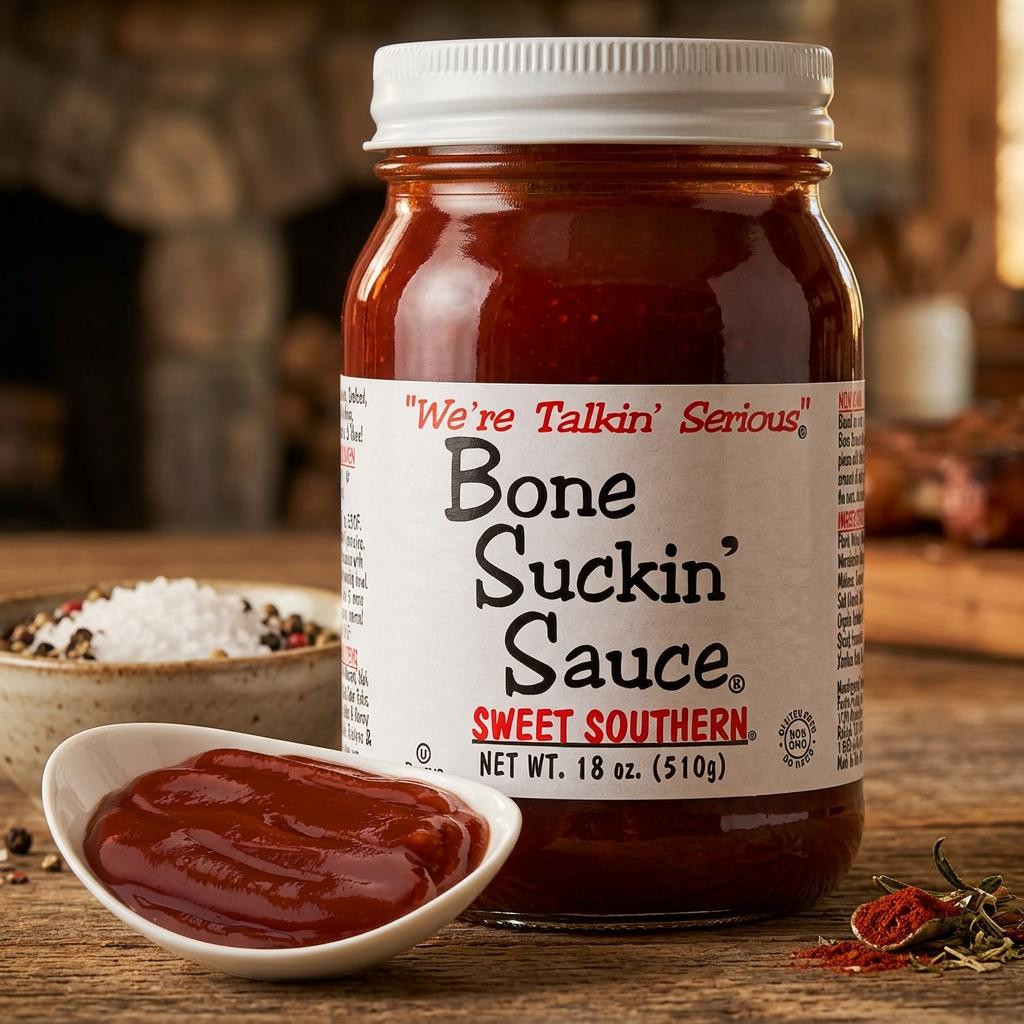 Bone Suckin Sauce barbeque sauce on a board with a spoon next to the jar with barbeque sauce on it.