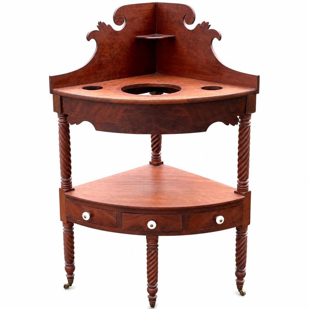 An antique wooden corner washstand featuring a mahogany finish, carved splashback, and barley-twist legs on casters.