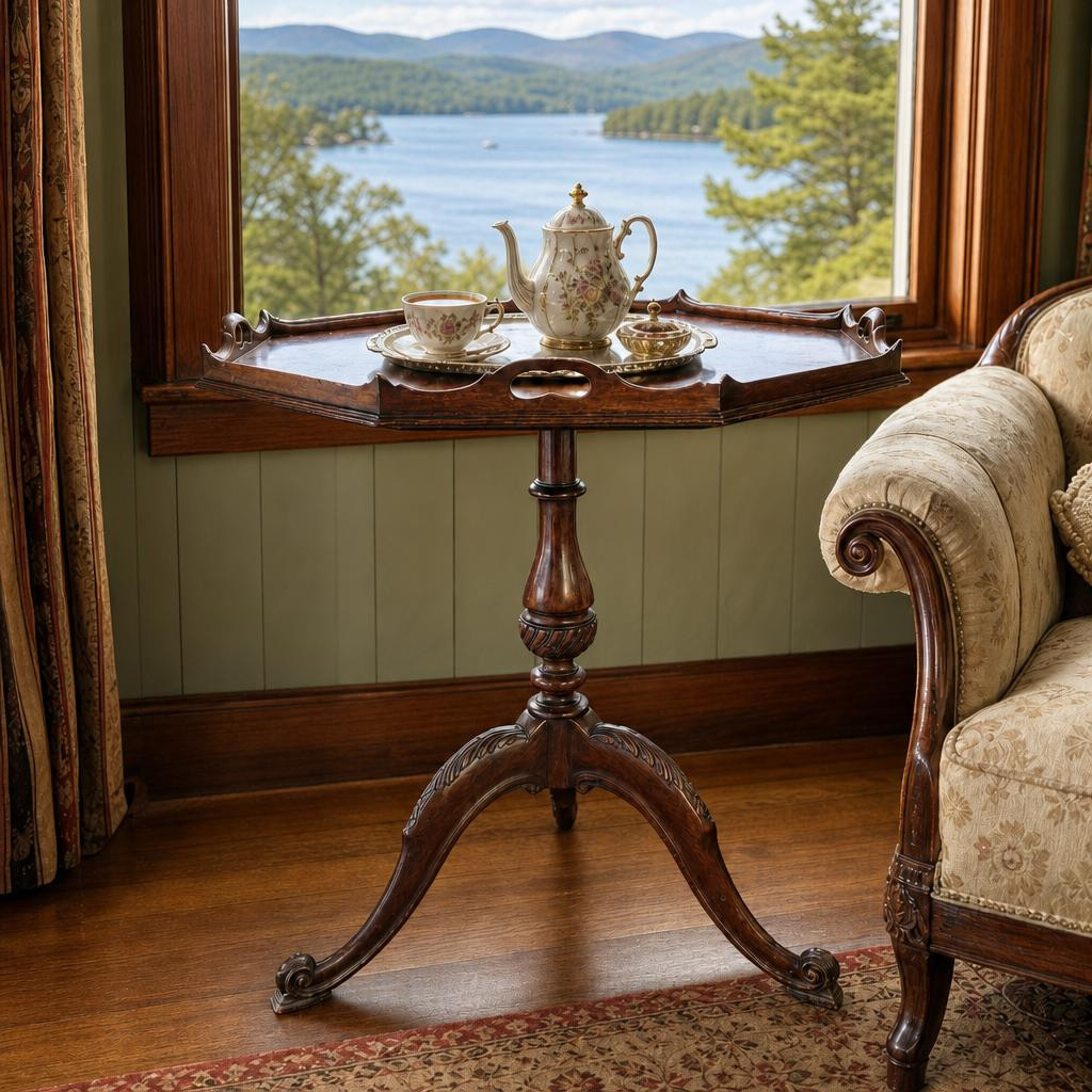 An elegant antique mahogany tripod table sits in front of a large window overlooking a scenic lake. The wooden table features a distinct piecrust edge, a turned pedestal column, and three carved legs ending in scroll feet. Resting on its surface is a classic floral tea set, complete with a teapot, a single teacup on a saucer, and a small sugar bowl. To the right, the patterned arm of a traditional upholstered sofa is visible, while a decorative curtain hangs on the left.
