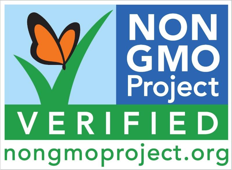 The official logo for the Non-GMO Project Verified certification program. The design features a stylized orange and black monarch butterfly resting on a green blade of grass against a blue sky background. The right side contains the text "NON GMO Project" in white lettering over a blue rectangle, while the bottom section reads "VERIFIED" in white on a green block, sitting above the website address nongmoproject.org in green text