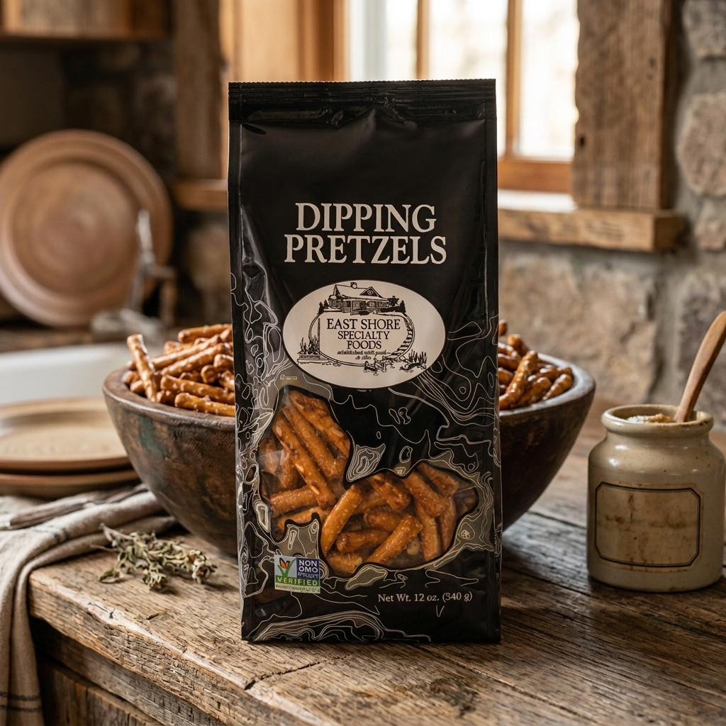 A black bag of East Shore Specialty Foods Dipping Pretzels (Net Wt. 12 oz. / 340 g) sits upright on a rustic wooden counter next to a small ceramic jar of mustard. The bag features a clear window showcasing the pretzel sticks inside, thin white topographical line designs, the brand's classic lakeside cottage logo, and a Non-GMO Project Verified seal. In the blurred background, a large wooden bowl overflows with loose pretzel sticks in a cozy country kitchen setting.