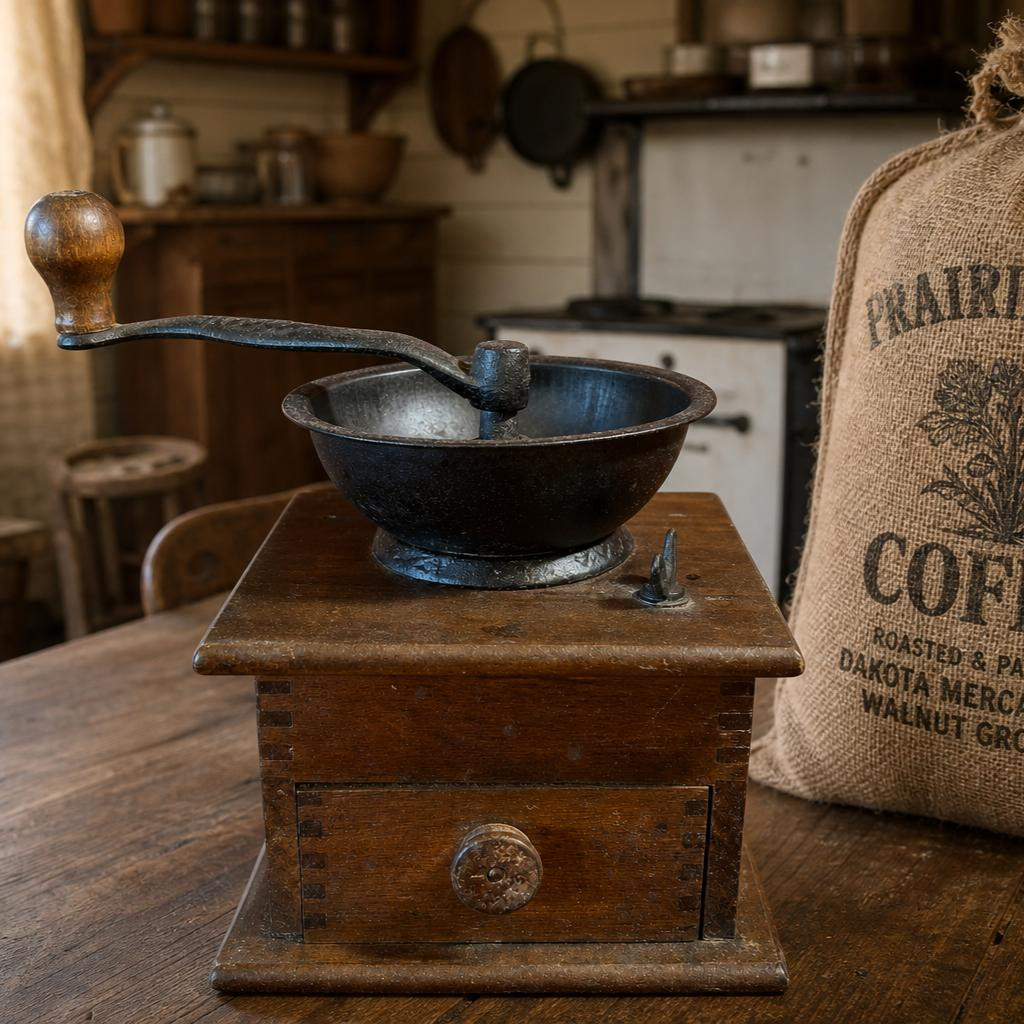 An antique wooden box coffee grinder sitting on a rustic table, featuring a dark cast iron bowl hopper and an extended hand crank with a round wooden knob. Next to it sits a burlap sack labeled "PRAIRIE COFFEE."