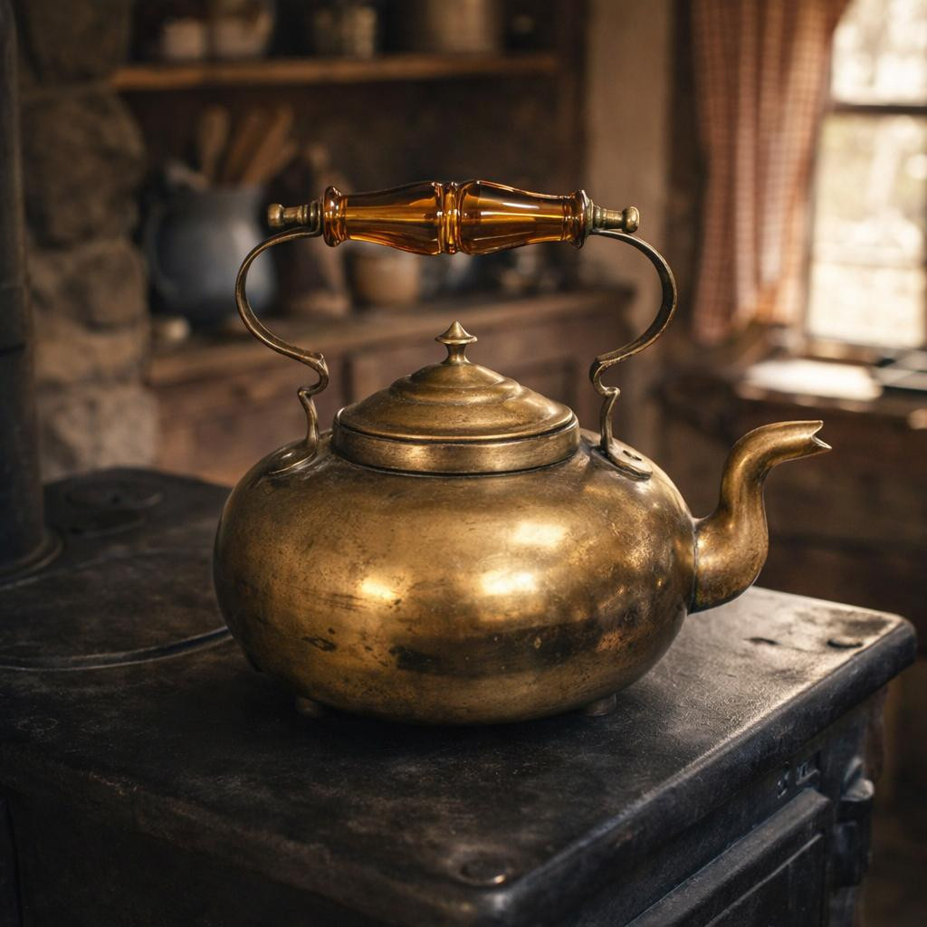 An antique brass toddy kettle with a translucent amber handle sitting on top of a rustic, dark cast-iron wood stove in a farmhouse kitchen.