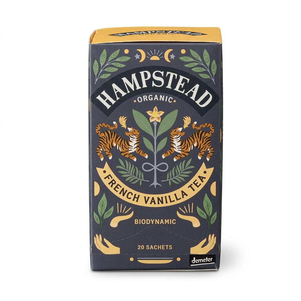 Front packaging of Hampstead Organic French Vanilla Biodynamic Tea box containing 20 sachets, Demeter certified, on a white background.