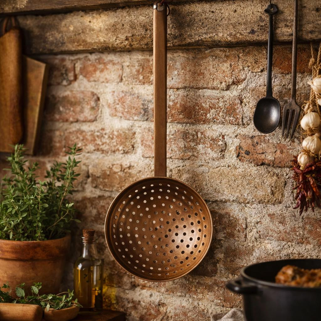 Large antique copper skimmer ladle hanging on rustic brick kitchen wall beside herbs
