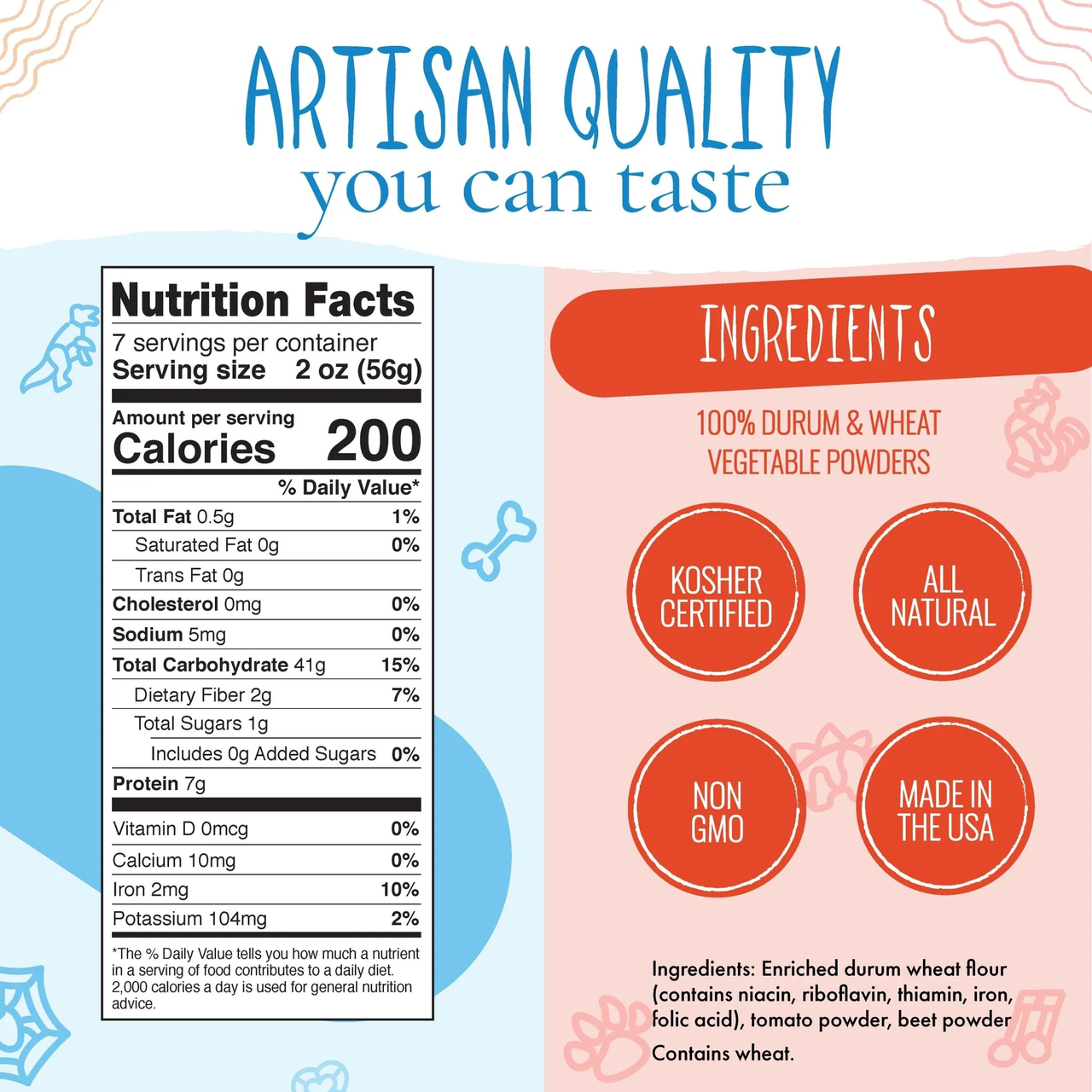 Pastabilities Fall Harvest Pasta nutrition facts panel and artisan quality ingredients infographic