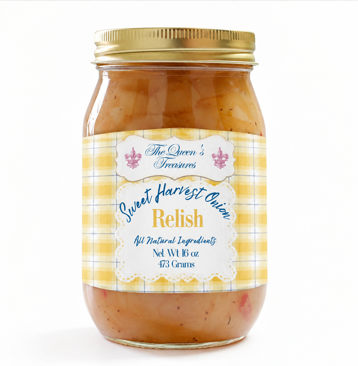 The Queen's Treasures Sweet Harvest Onion Relish 16 oz glass jar with yellow gingham label on white background
